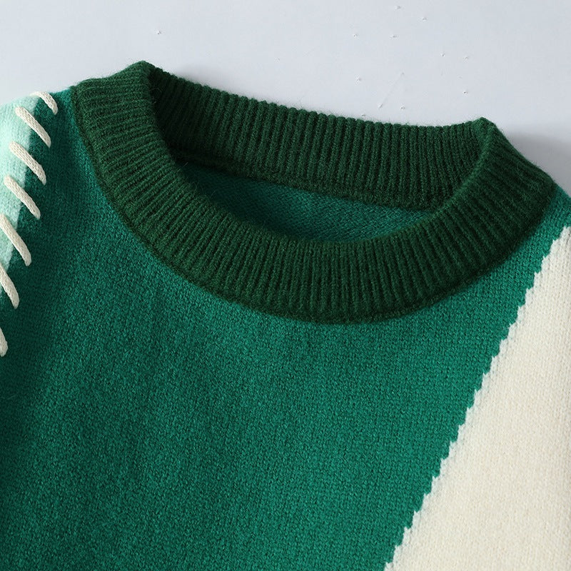 Patchwork Knit Sweater – Green & Cream Winter Pullover | Soft Unisex Knitwear