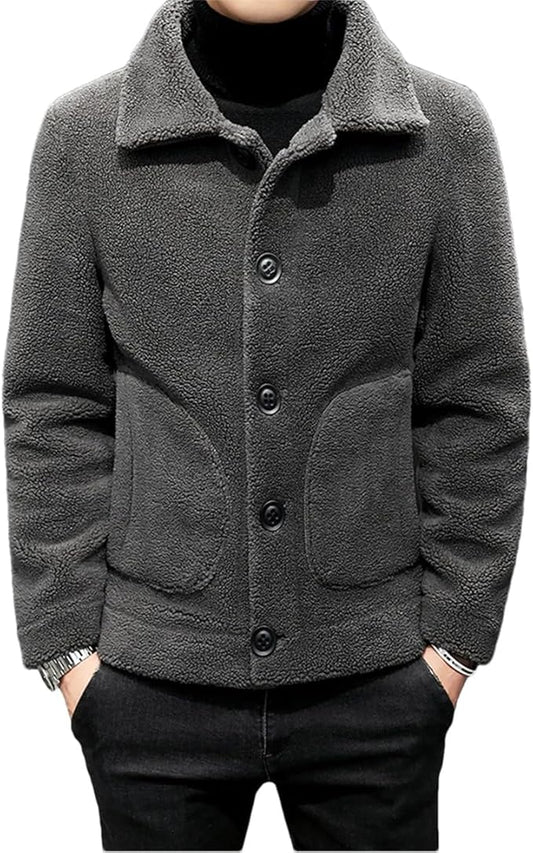 Classic Button-Up Sherpa Jacket – Charcoal Grey