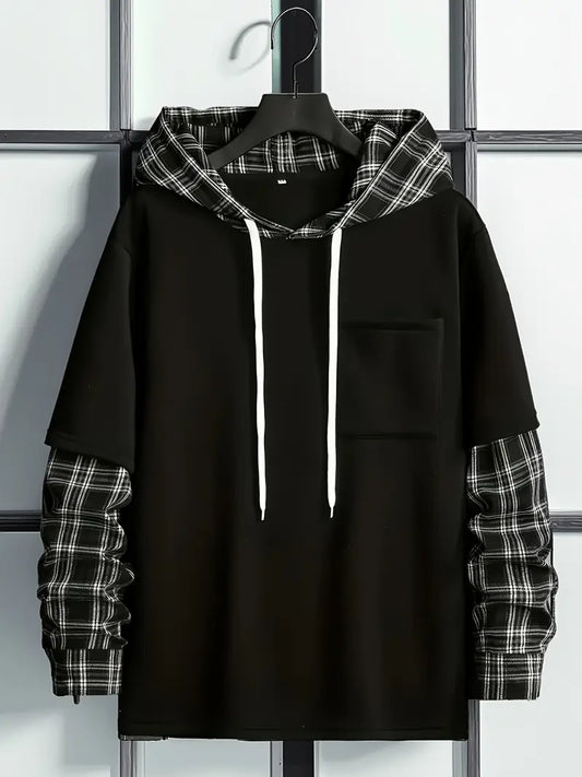 Black Plaid-Layered Hoodie / Fashion Patchwork Hoodie