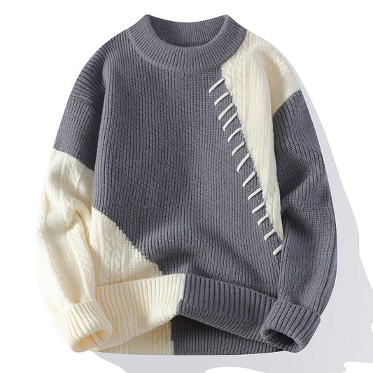 Patchwork Cable Knit Sweater – Grey & Cream Winter Pullover | Soft Unisex Knitwear