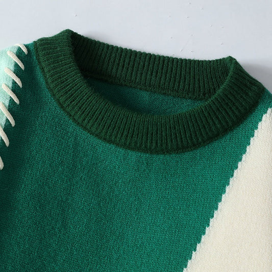 Patchwork Knit Sweater – Green & Cream Winter Pullover | Soft Unisex Knitwear