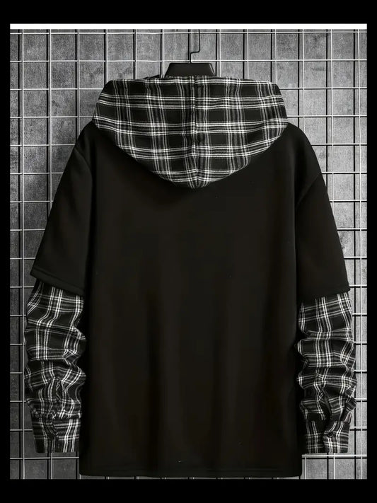 Black Plaid-Layered Hoodie / Fashion Patchwork Hoodie