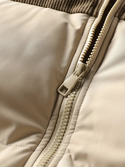 Corduroy-Panel Winter Puffer Jacket with Detachable Hood