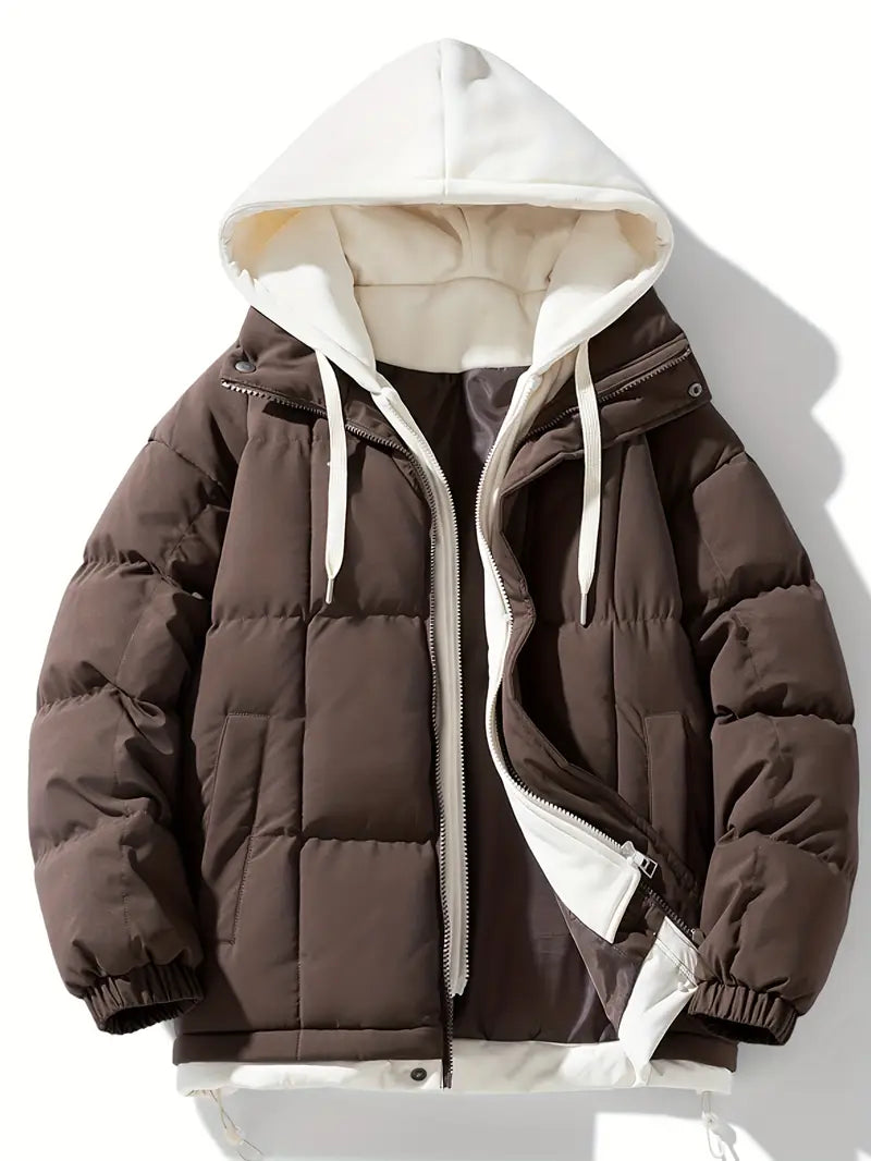 Two-Tone Winter Puffer Jacket with Built-in Hoodie