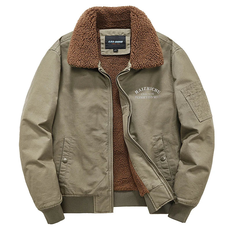 Teddy-Lined Utility Bomber Jacket – Olive Green