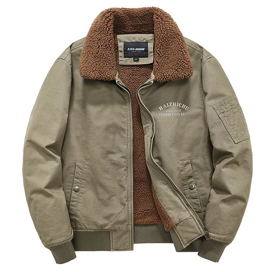 Teddy-Lined Utility Bomber Jacket – Olive Green