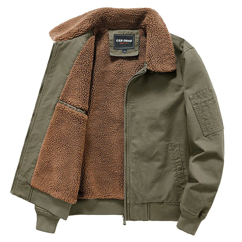 Teddy-Lined Utility Bomber Jacket – Olive Green