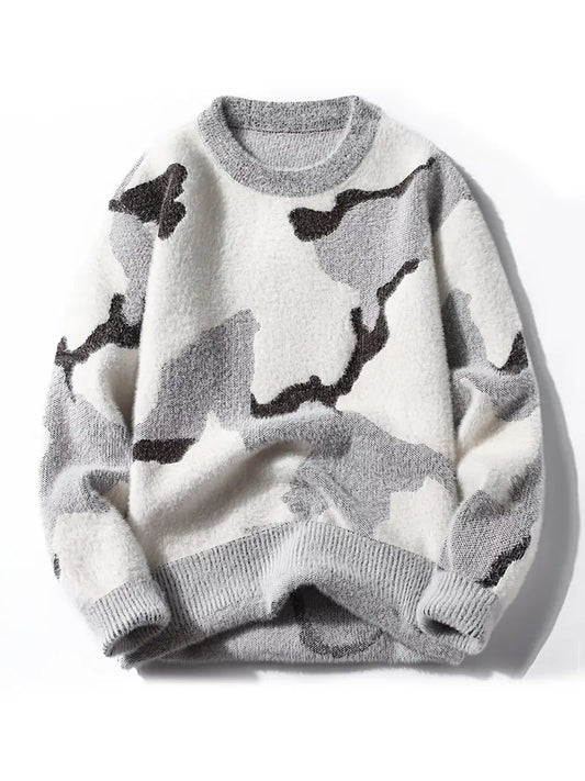 Cozy Fleece Camo Knit Sweater – Grey & White